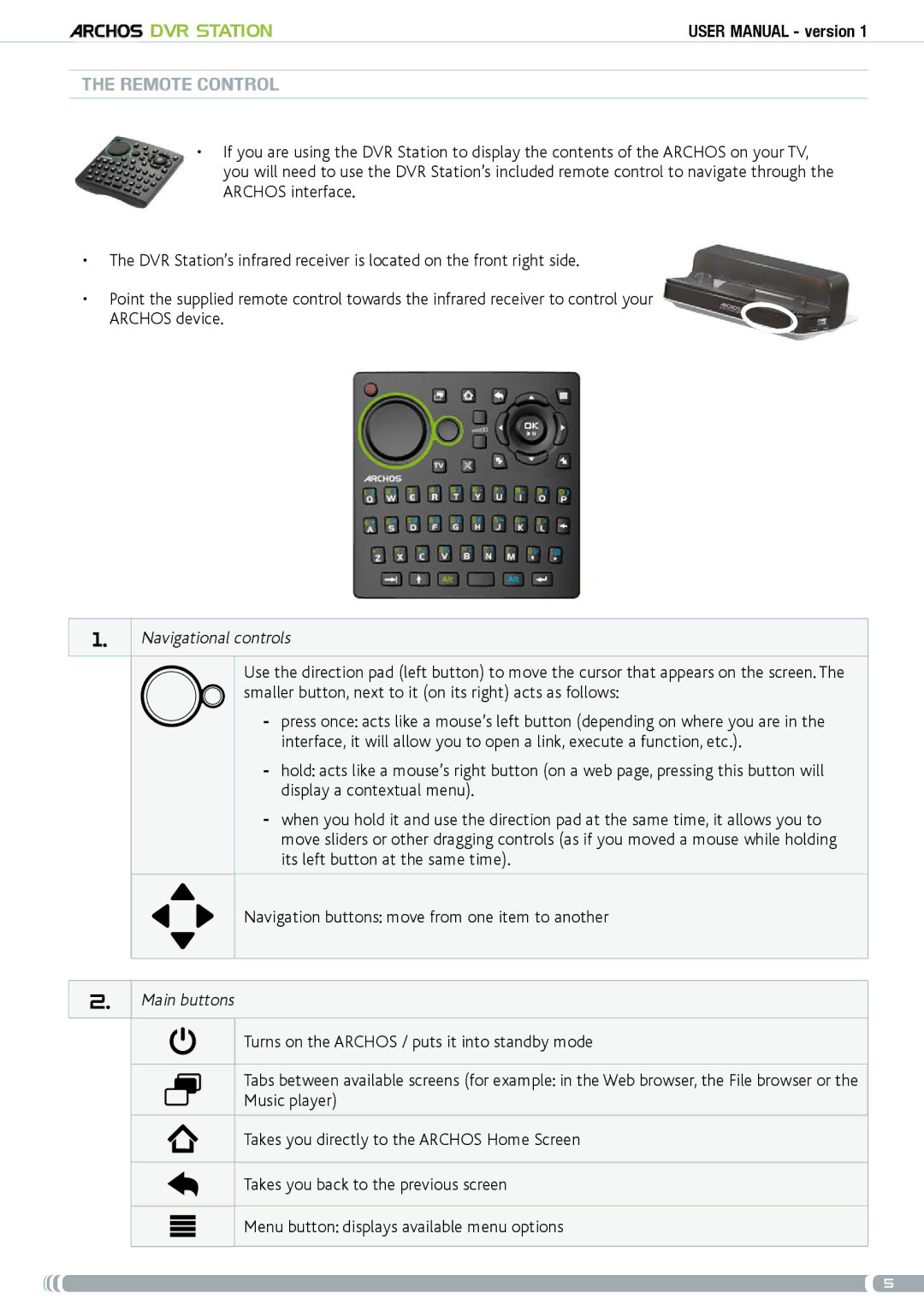 Archos 5 & 7 user manual RemoteM control, Navigational controls, Main buttons 