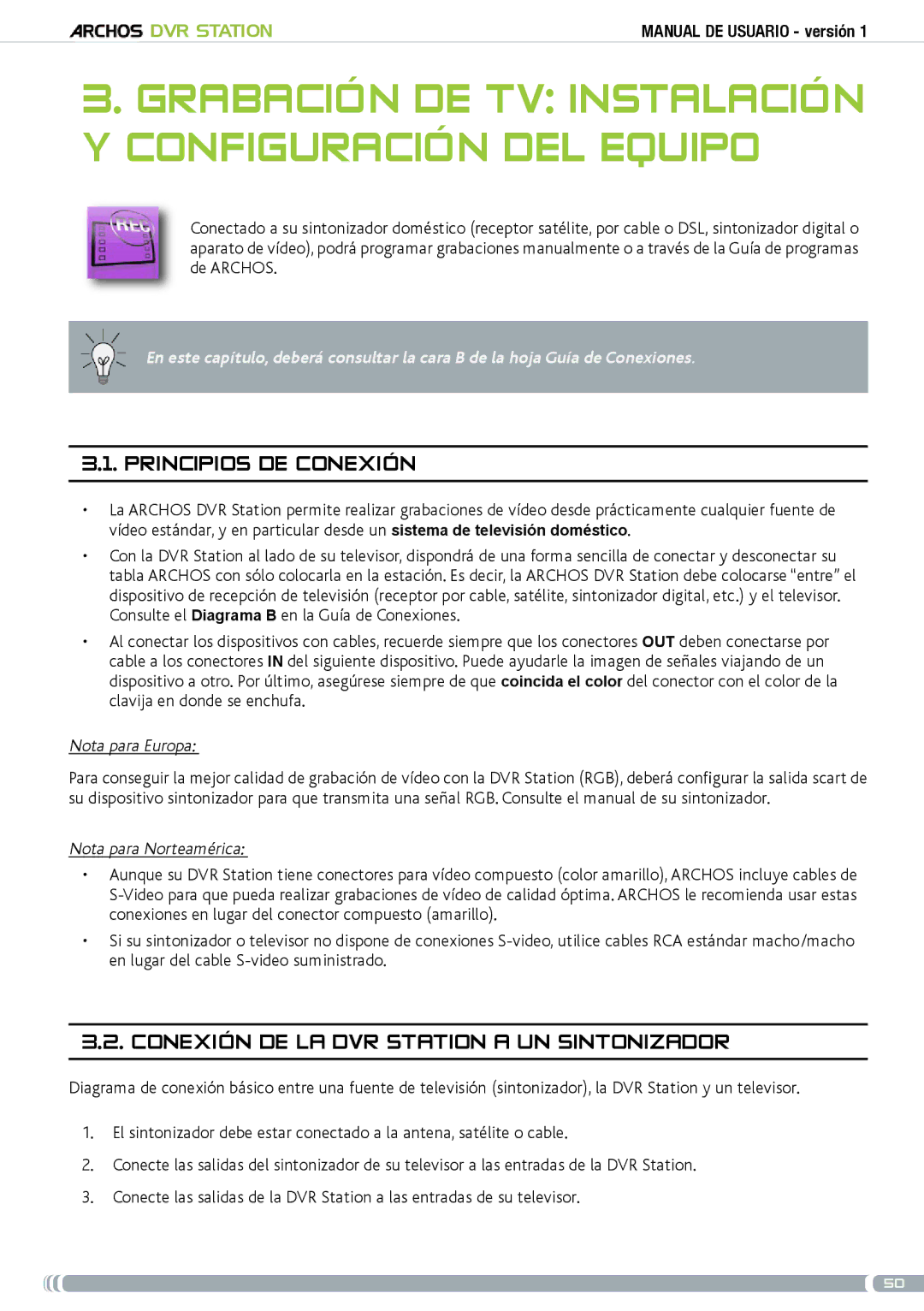 Archos 5 & 7 user manual Grabación de TV Instalación y configuración del equipo, Principios de conexión, Nota para Europa 