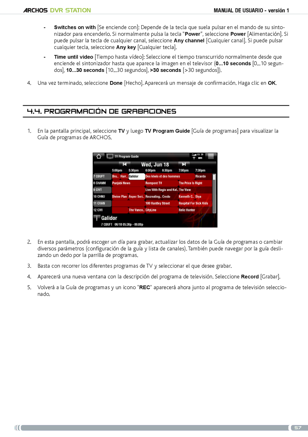 Archos 5 & 7 user manual Programación de grabaciones 