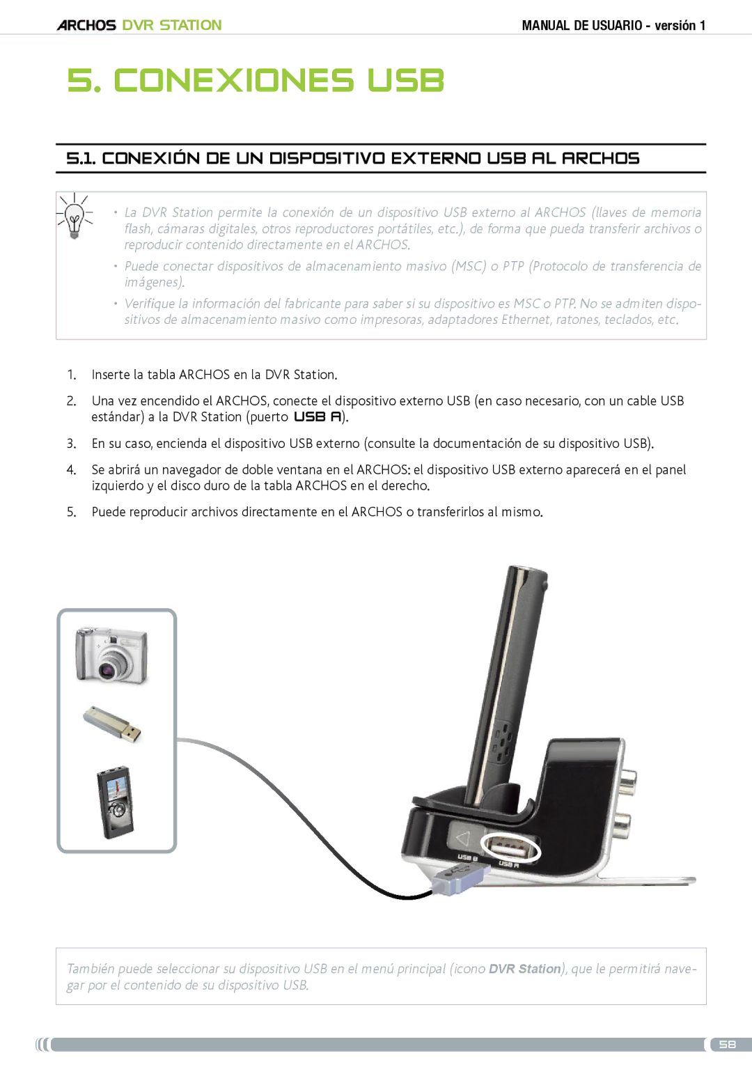 Archos 5 & 7 user manual Conexiones usb, Conexión de un dispositivo externo USB al Archos 