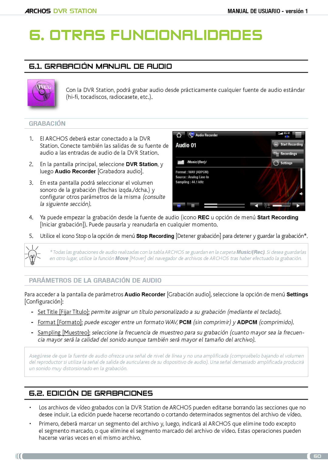 Archos 5 & 7 Otras funcionalidades, Grabación manual de audio, Edición de grabaciones, Parámetros de la grabación de audio 