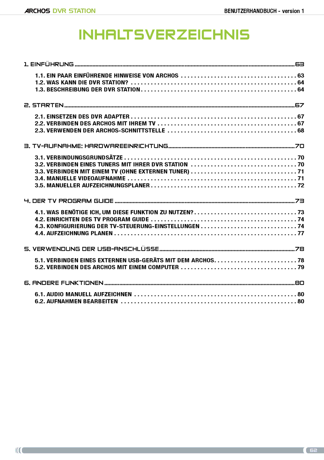 Archos 5 & 7 user manual Inhaltsverzeichnis, Verwendung der USB-Anschlüsse 