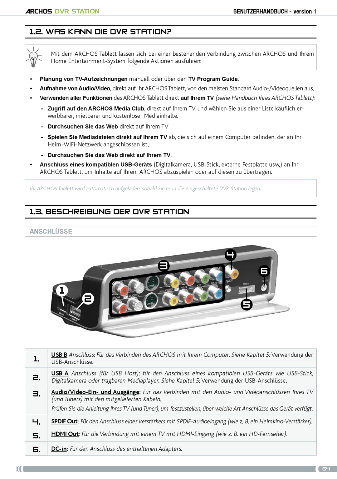 Archos 5 & 7 user manual Was kann die DVR Station?, Beschreibung der DVR Station, Anschlüsse 