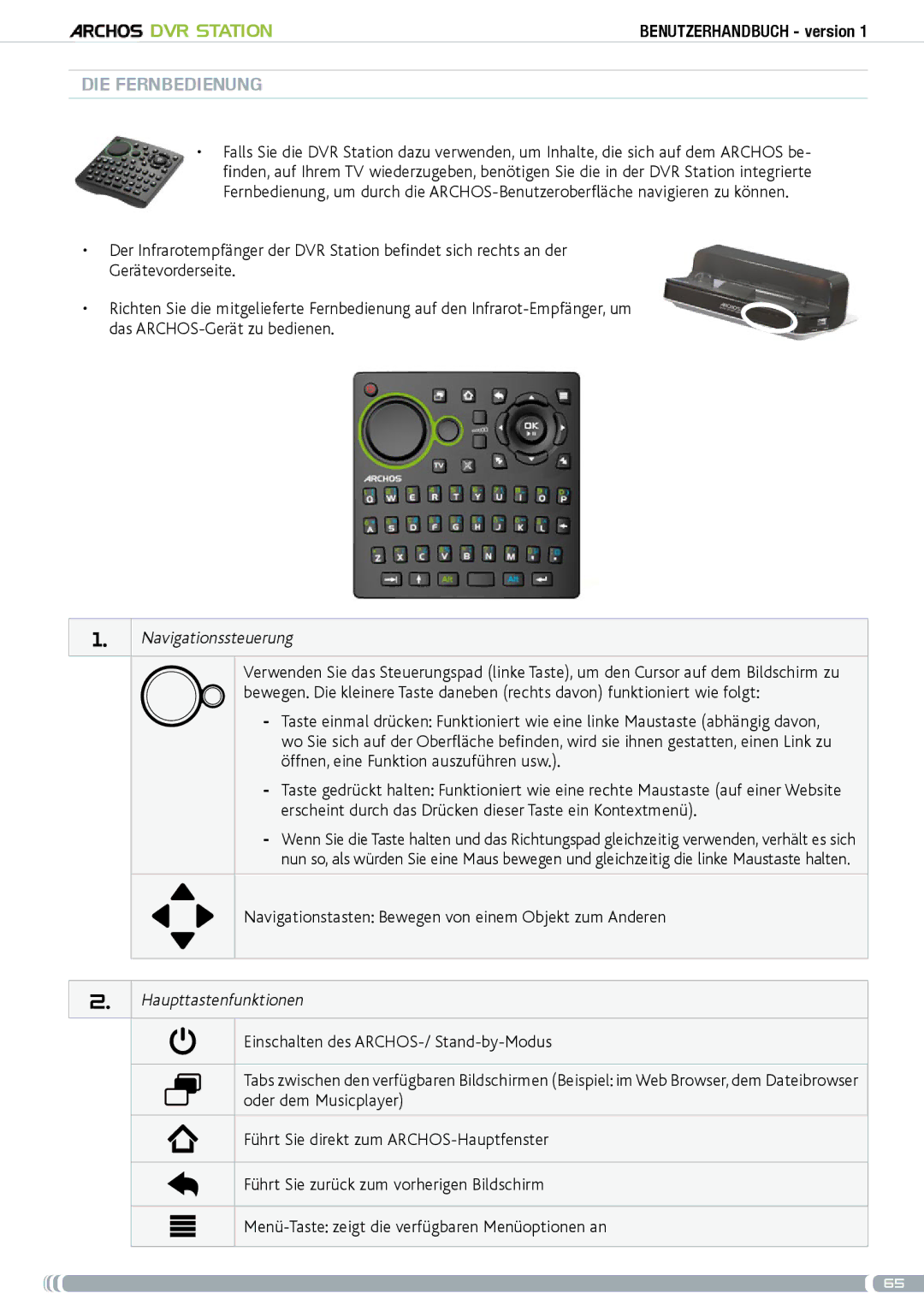 Archos 5 & 7 Die Fernbedienung, Navigationssteuerung, Öffnen, eine Funktion auszuführen usw, Haupttastenfunktionen 