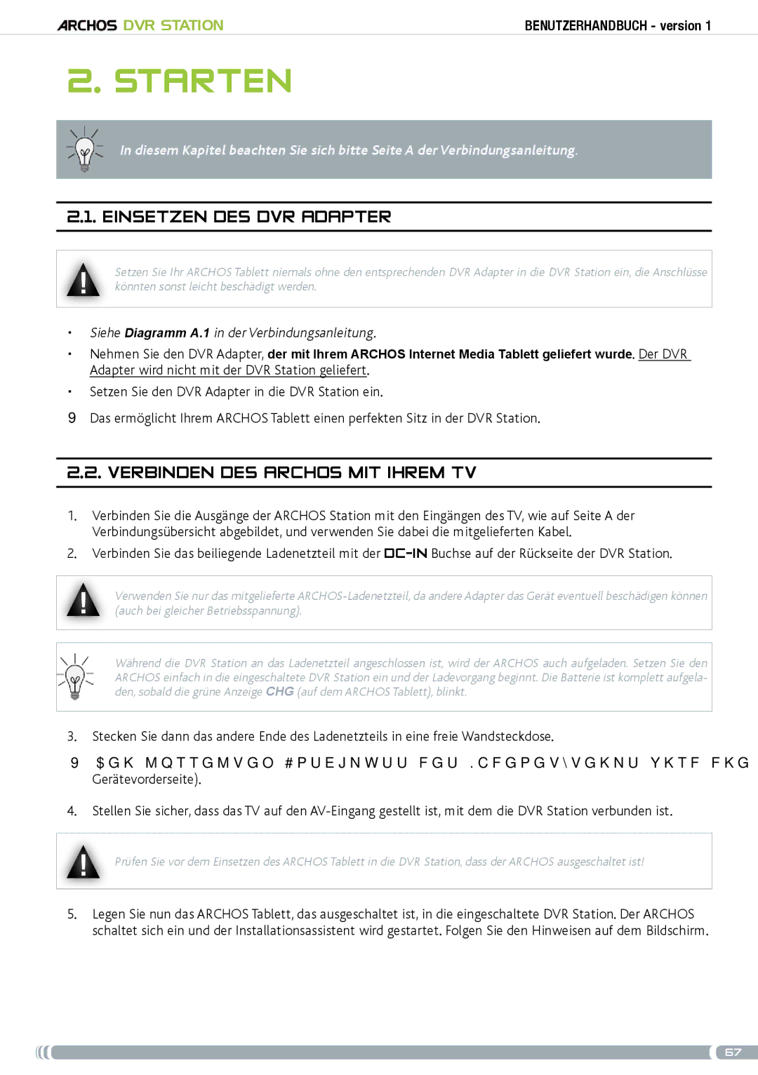 Archos 5 & 7 user manual Starten, Einsetzen des DVR Adapter, Verbinden des Archos mit Ihrem TV 