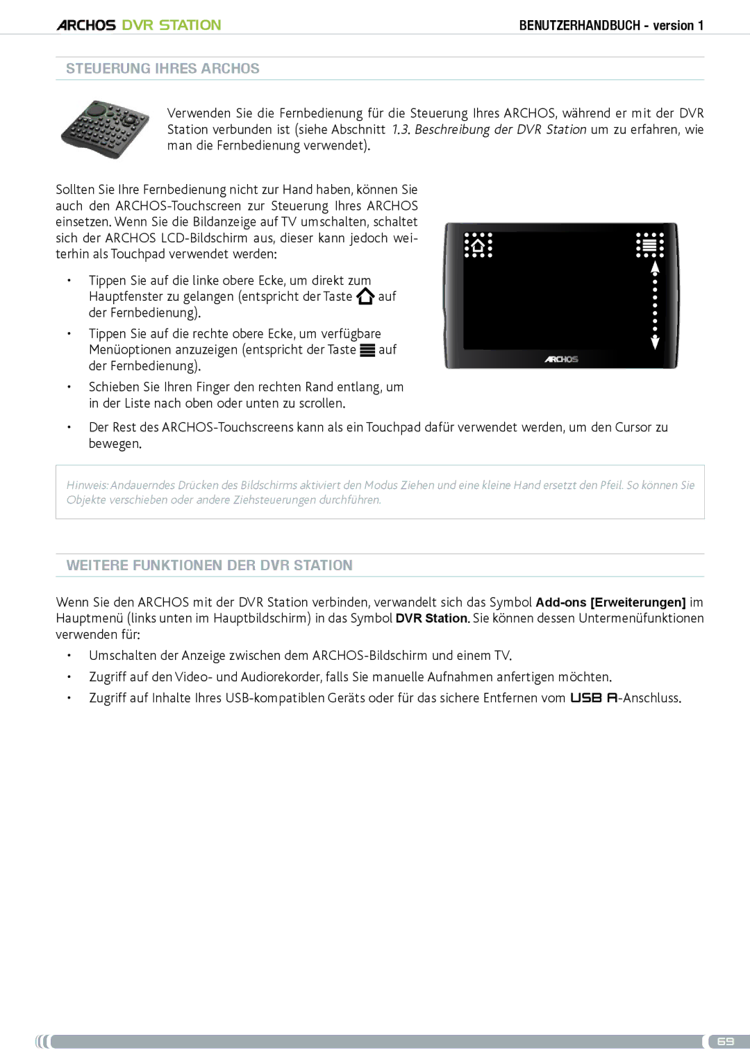 Archos 5 & 7 user manual Steuerung Ihres Archos, Weitere Funktionen der DVR Station 