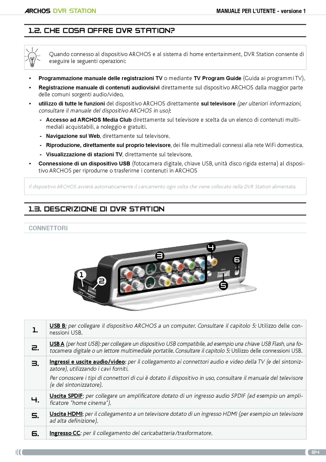 Archos 5 & 7 user manual Che cosa offre DVR Station?, Descrizione di DVR Station, Connettori 