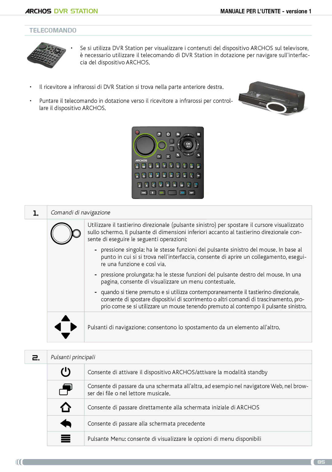 Archos 5 & 7 user manual Telecomando, Comandi di navigazione, Pulsanti principali 