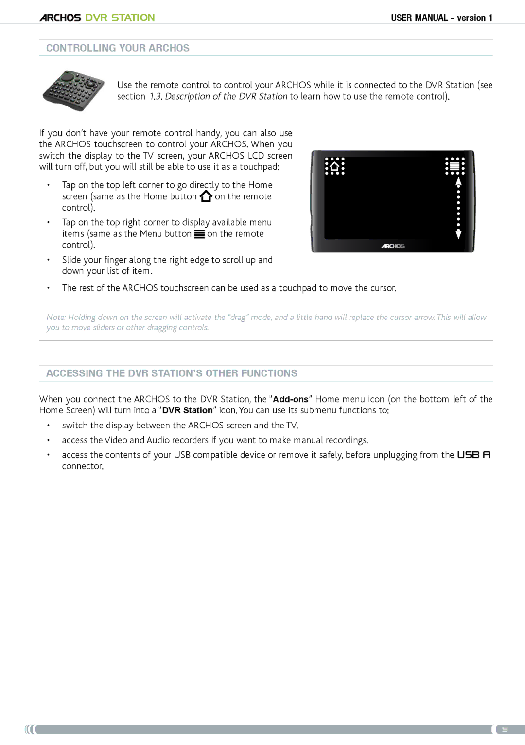 Archos 5 & 7 user manual Controlling your archos, Accessing the DVR Station’s other functions 