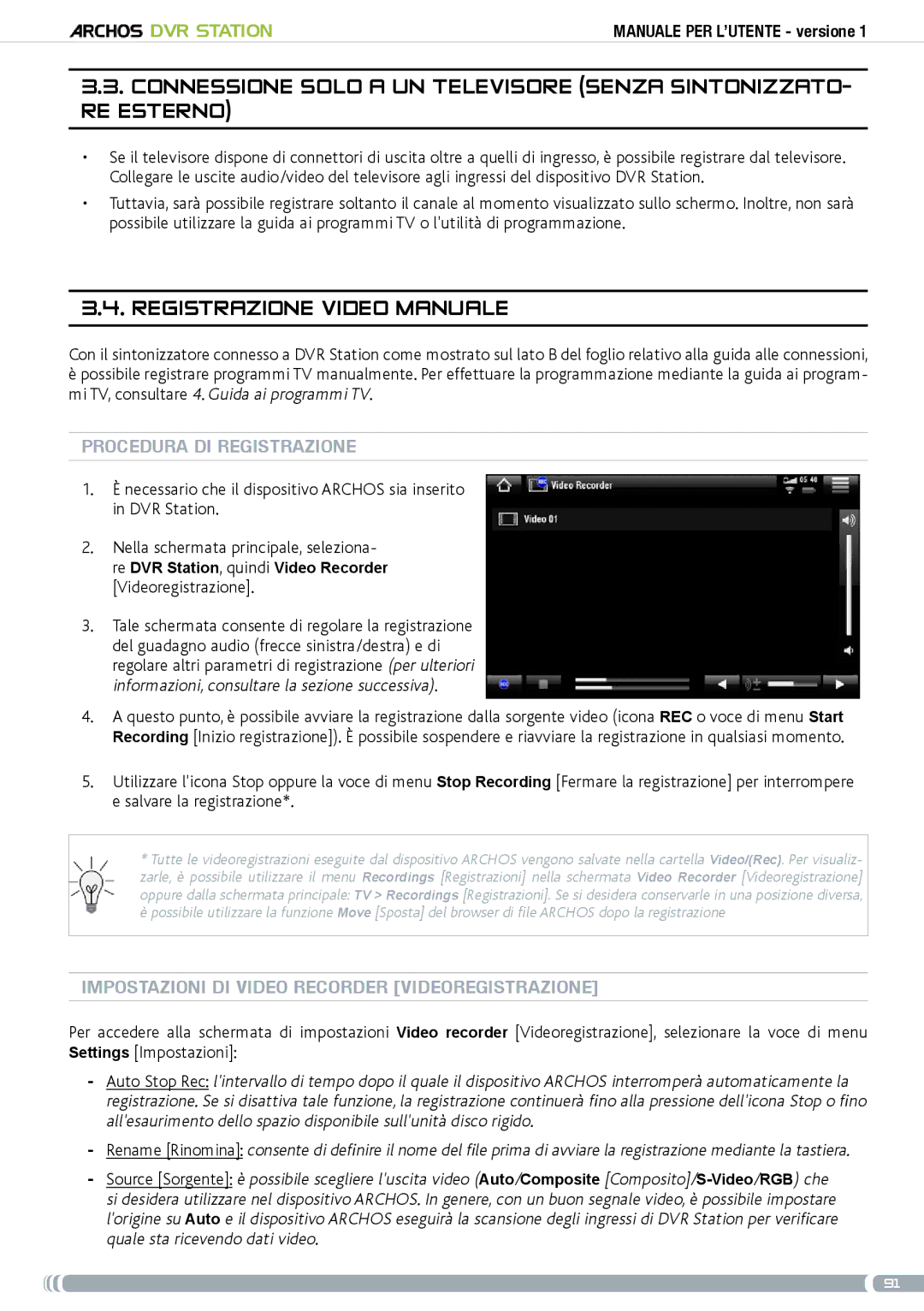 Archos 5 & 7 user manual Registrazione video manuale, Procedura di registrazione, Videoregistrazione 