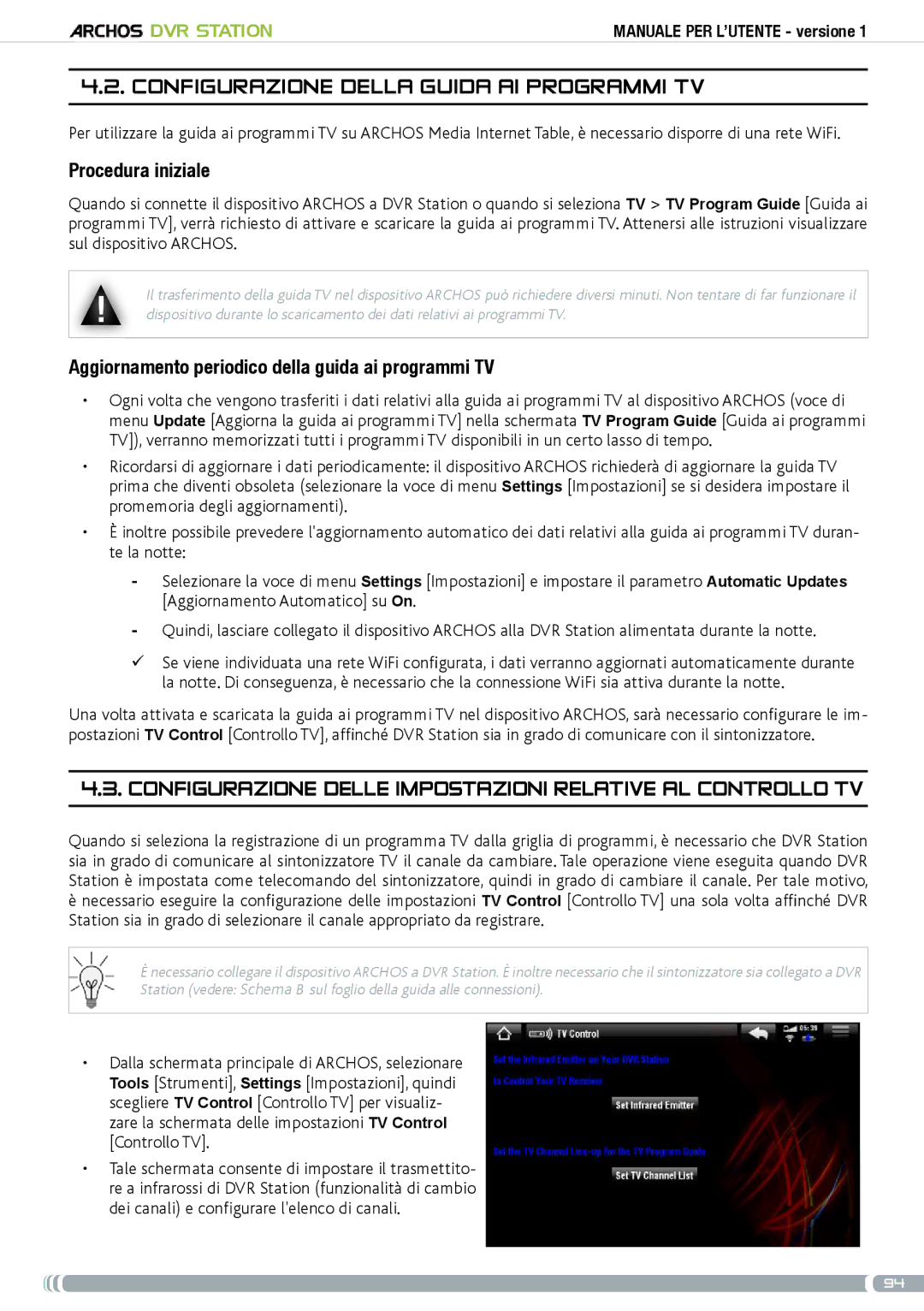 Archos 5 & 7 Configurazione della guida ai programmi TV, Configurazione delle impostazioni relative al controllo TV 