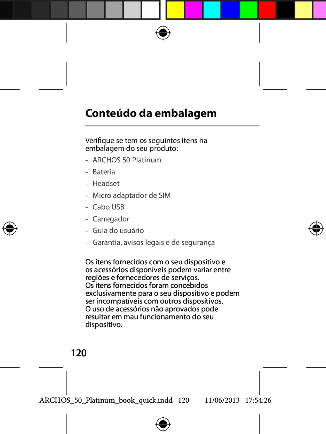 Archos 50 quick start Conteúdo da embalagem, 120 