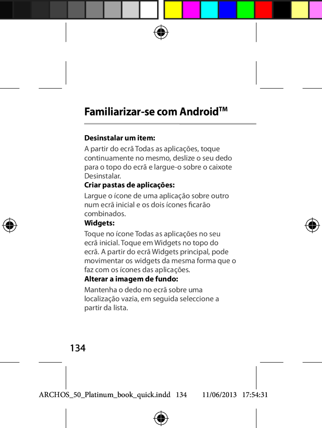 Archos 50 quick start 134, Desinstalar um item, Criar pastas de aplicações, Alterar a imagem de fundo 