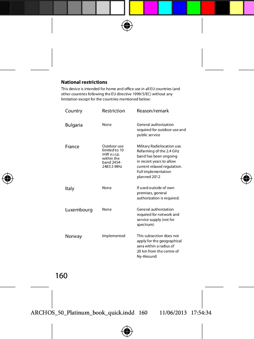 Archos 50 quick start 160, National restrictions 