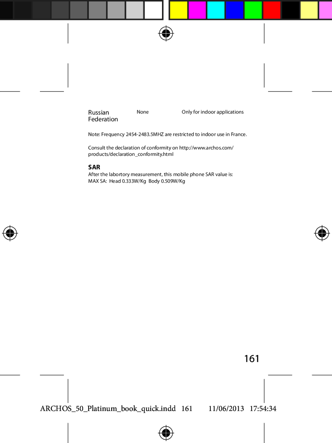 Archos 50 quick start 161, Sar 