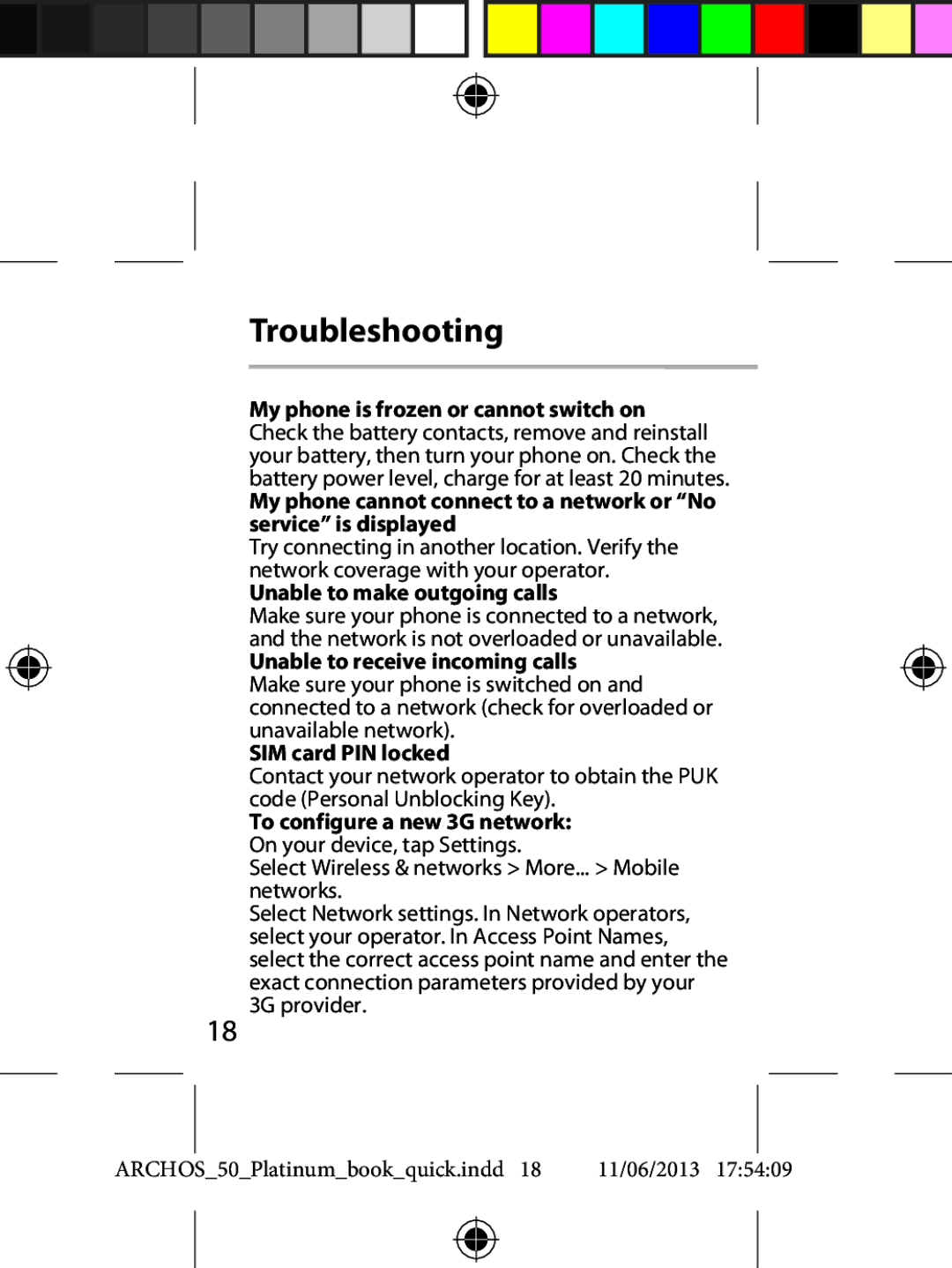 Archos 50 quick start Troubleshooting, Unable to make outgoing calls, Unable to receive incoming calls, SIM card PIN locked 