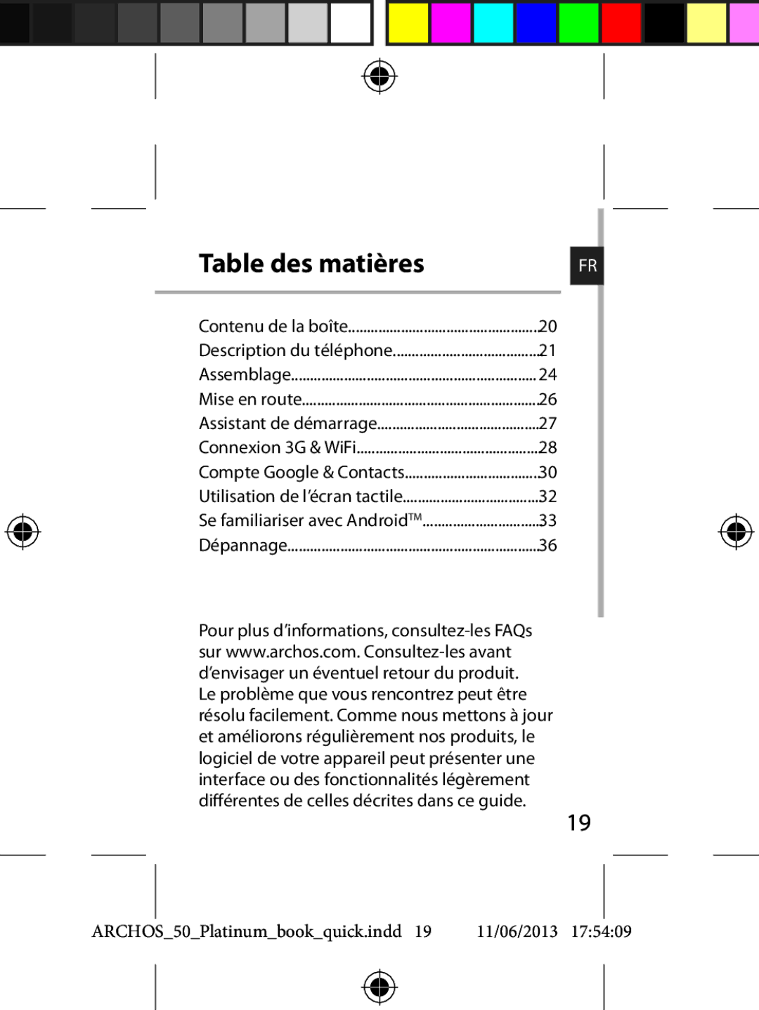 Archos 50 quick start Table des matières 