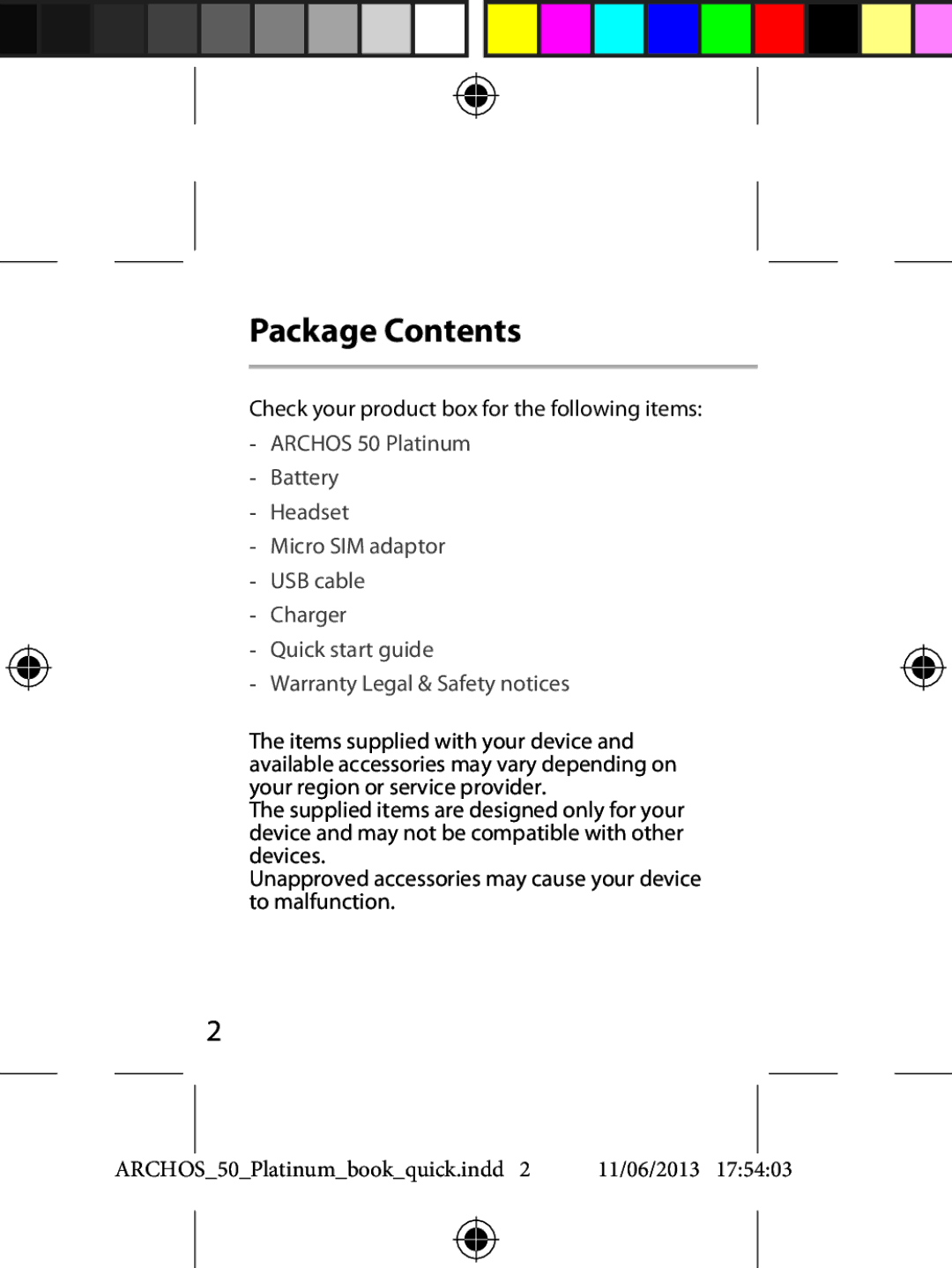 Archos 50 quick start Package Contents 