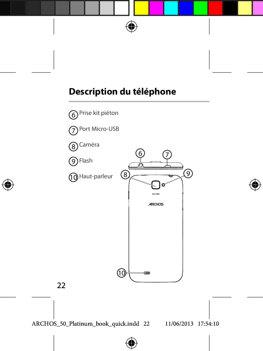 Archos 50 quick start Prise kit piéton Port Micro-USB Caméra Flash Haut-parleur 