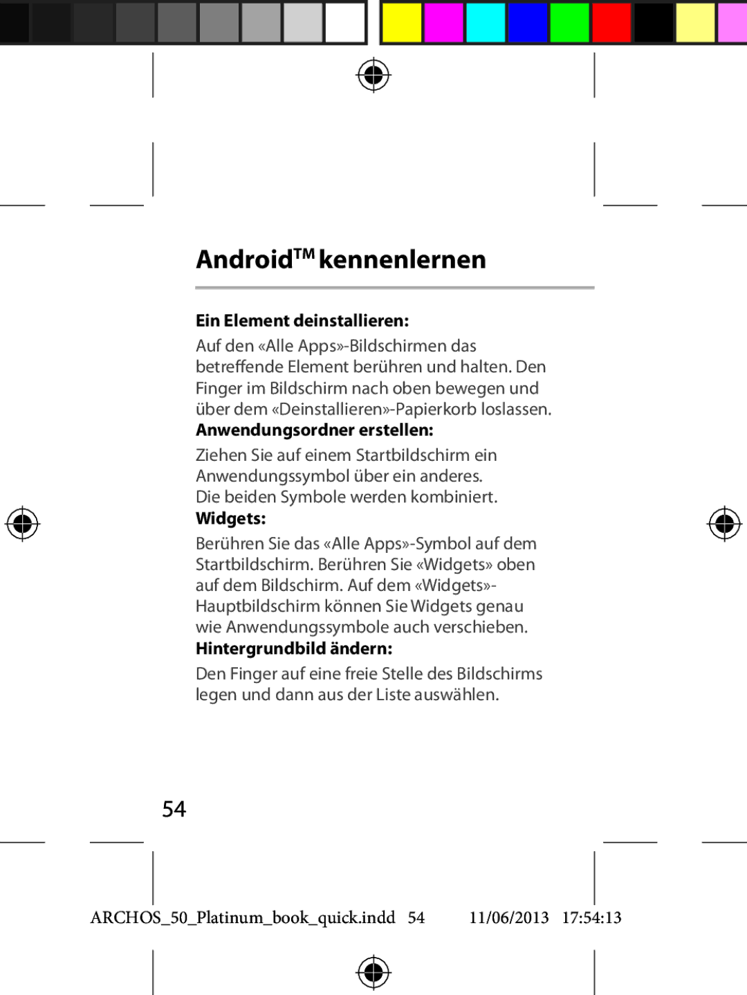 Archos 50 quick start Ein Element deinstallieren, Anwendungsordner erstellen, Hintergrundbild ändern 