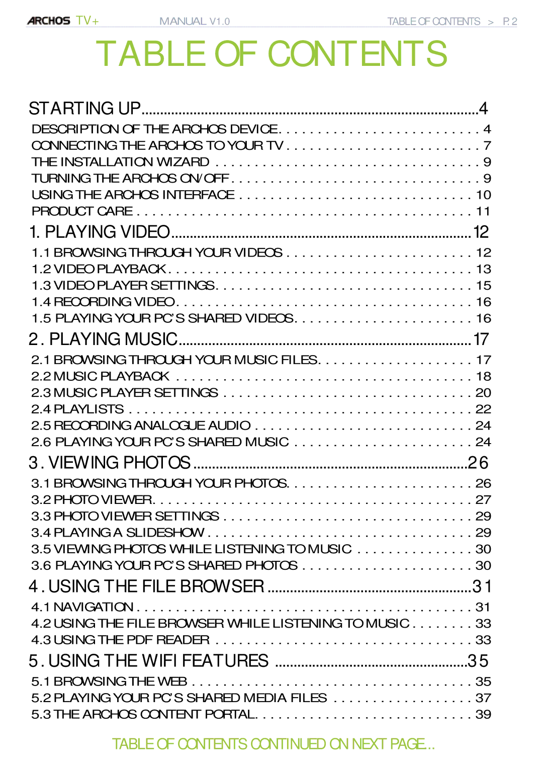 Archos 500973 user manual Table of Contents 