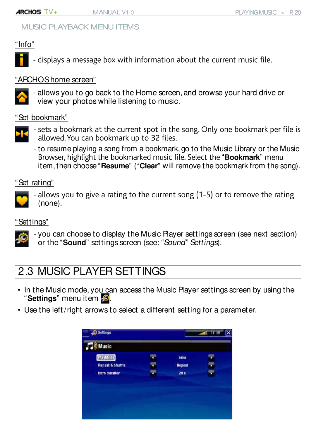 Archos 500973 user manual Music Player Settings, Set rating, Music Playback Menu Items 