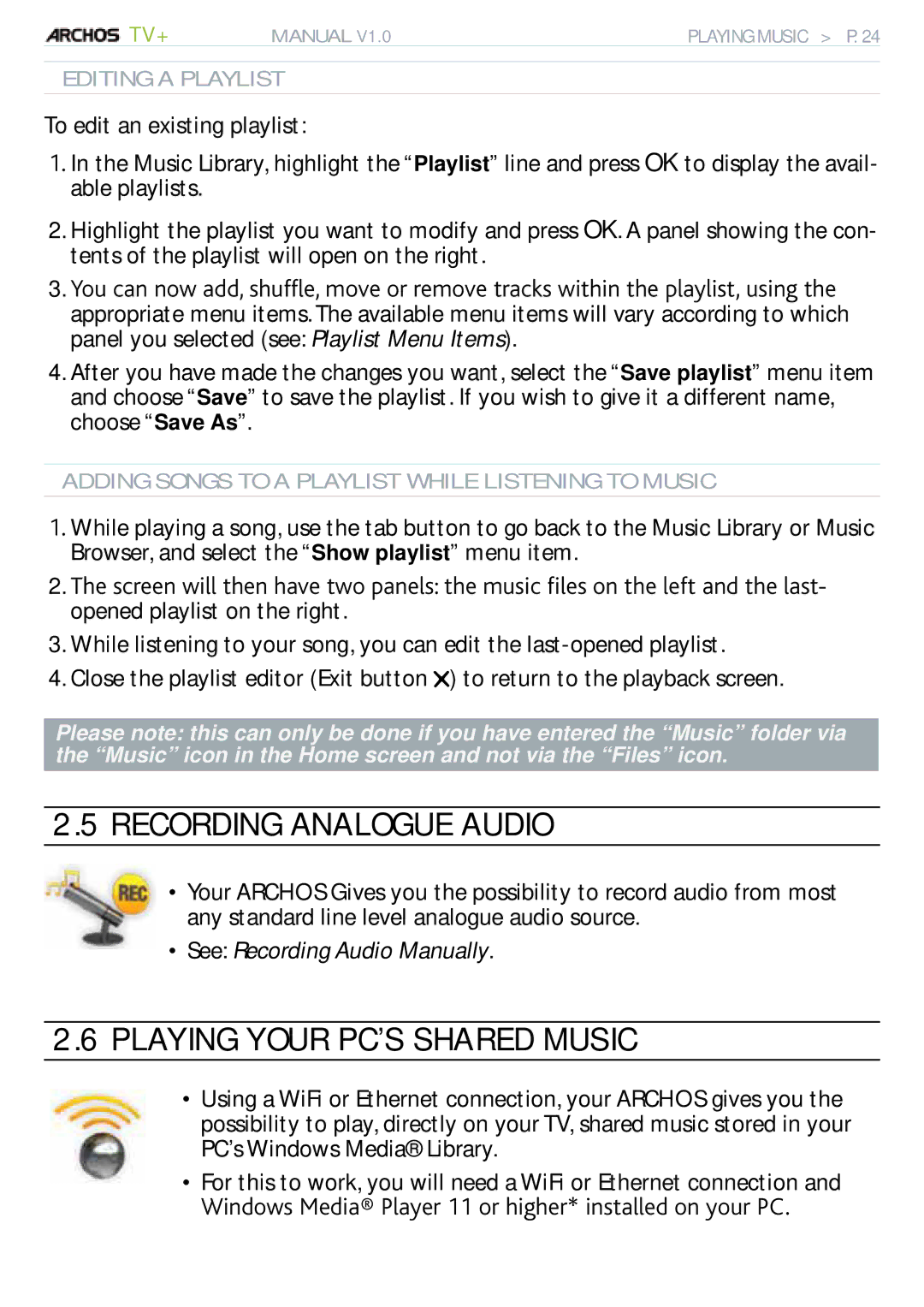 Archos 500973 Recording Analogue Audio, Playing Your PC’S Shared Music, See Recording Audio Manually, Editing a Playlist 