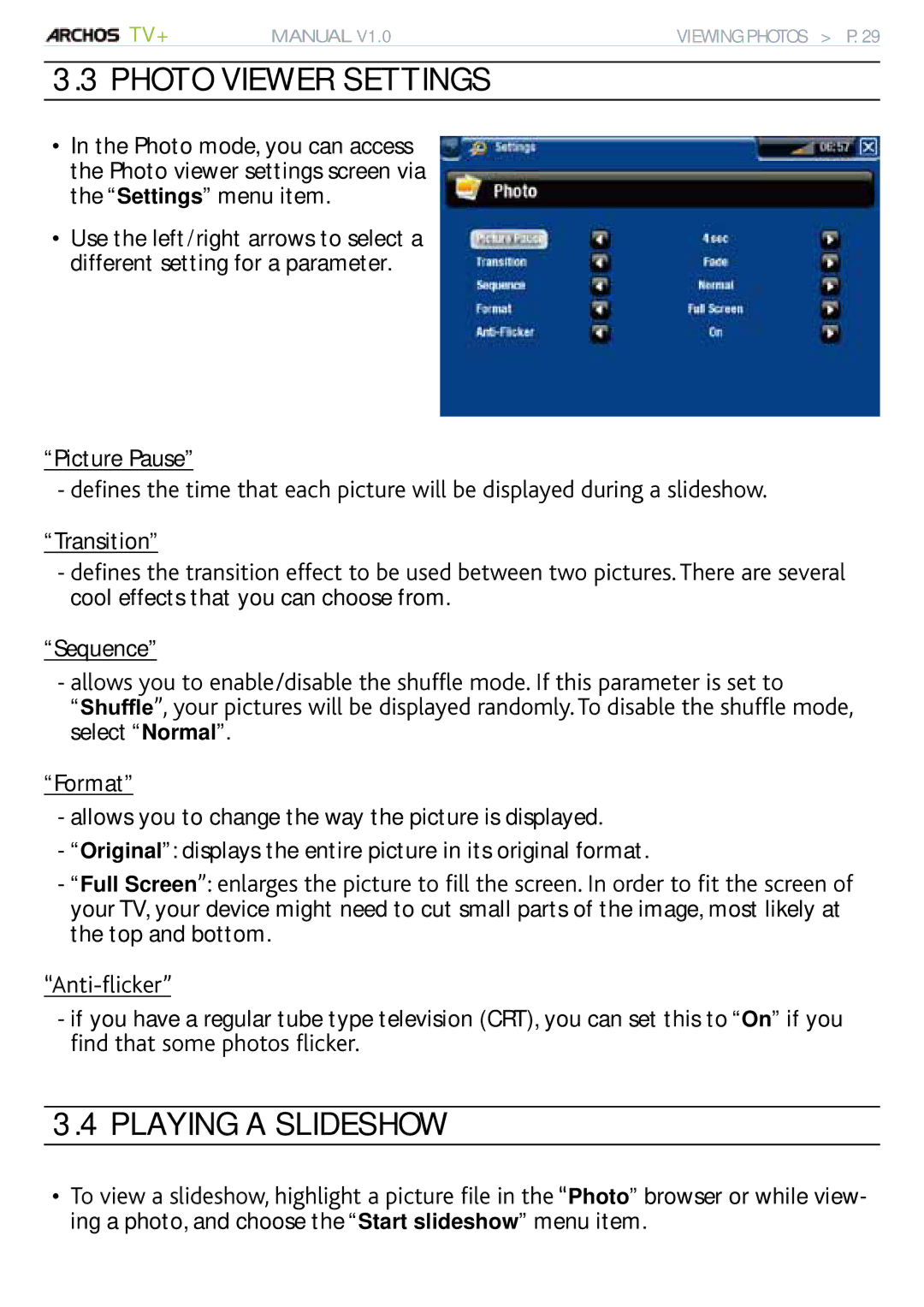 Archos 500973 user manual Photo Viewer Settings, Playing a Slideshow, ÒpfVjcvUqogRjqvquÓkemgt 