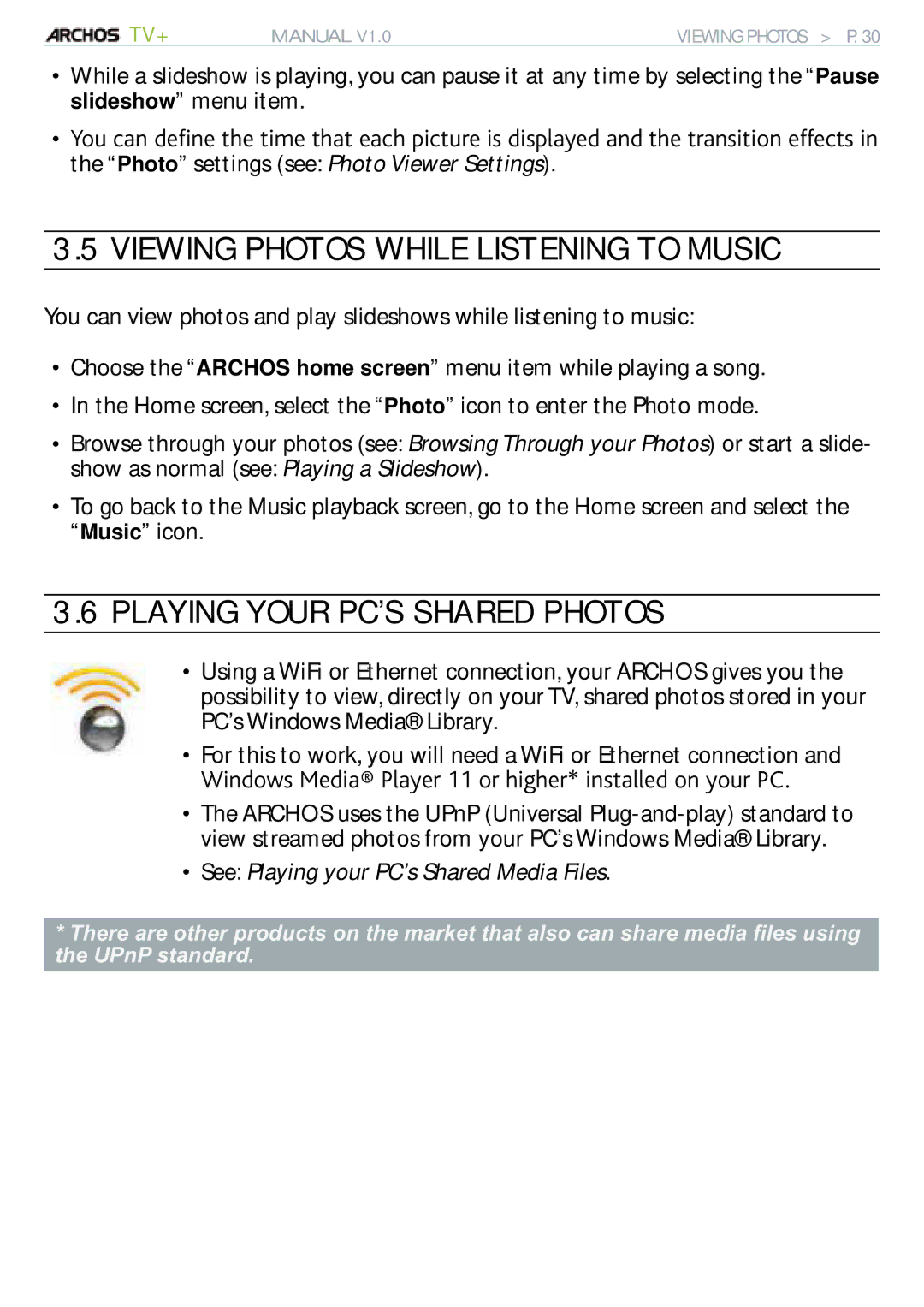 Archos 500973 user manual Viewing Photos While Listening to Music, Playing Your PC’S Shared Photos 