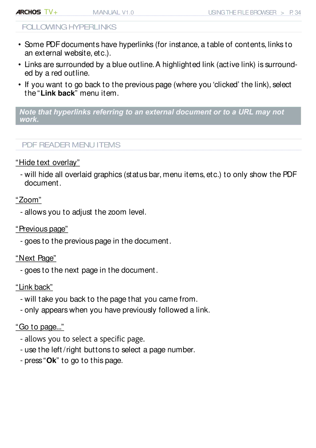 Archos 500973 user manual CnnqyuQwVqUgngevCUrgekòeRcig, Following Hyperlinks 