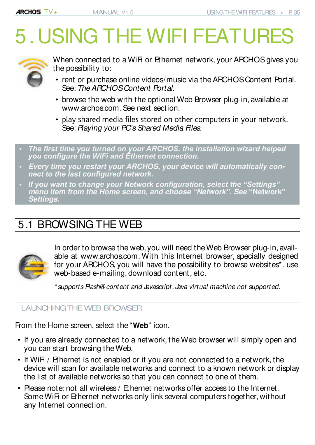 Archos 500973 user manual Using the Wifi Features, Browsing the WEB, Launching the WEB Browser 