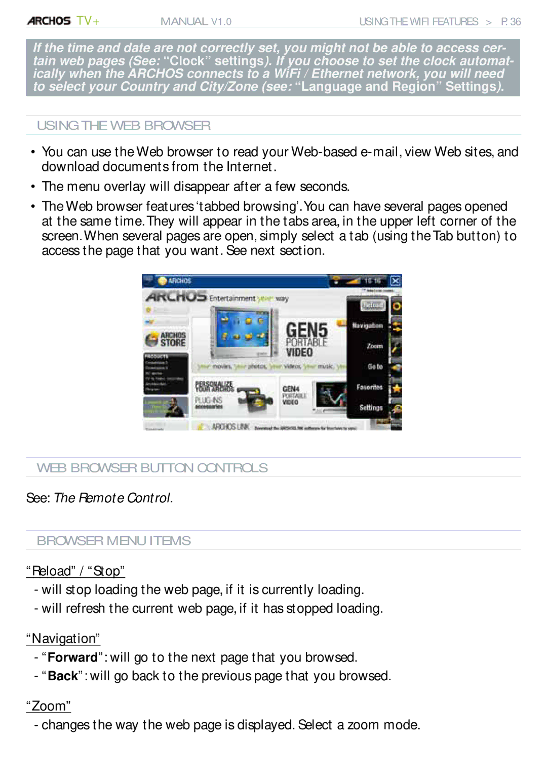 Archos 500973 user manual See The Remote Control, Using the WEB Browser, WEB Browser Button Controls 