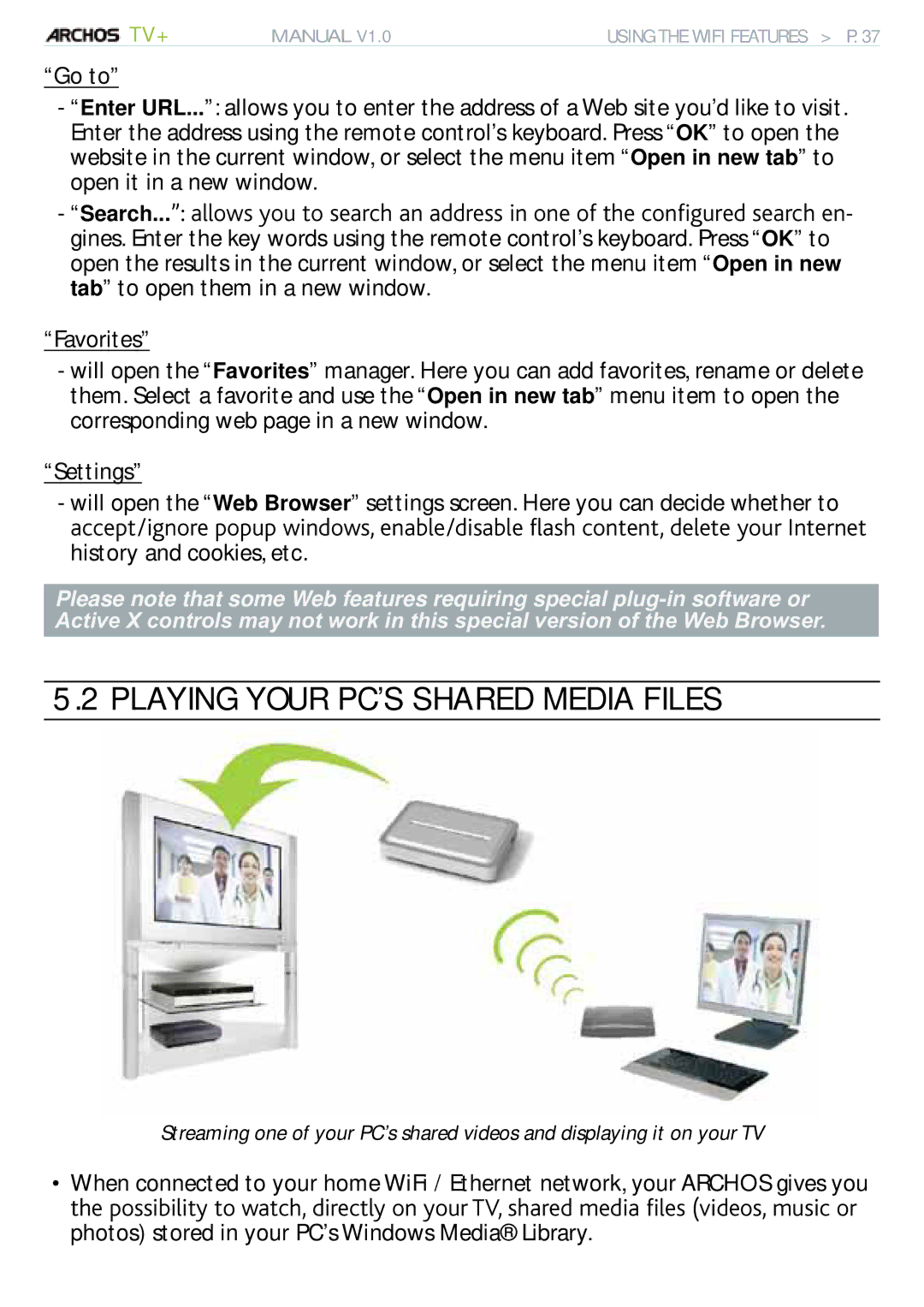 Archos 500973 user manual Playing Your PC’S Shared Media Files 