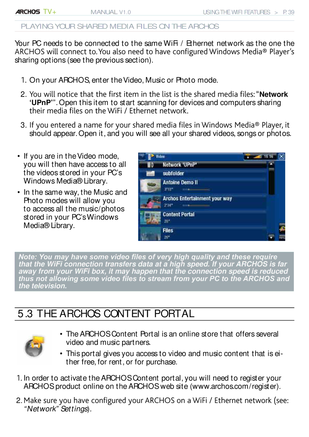 Archos 500973 user manual Archos Content Portal,  On your ARCHOS, enter the Video, Music or Photo mode, Network Settings 