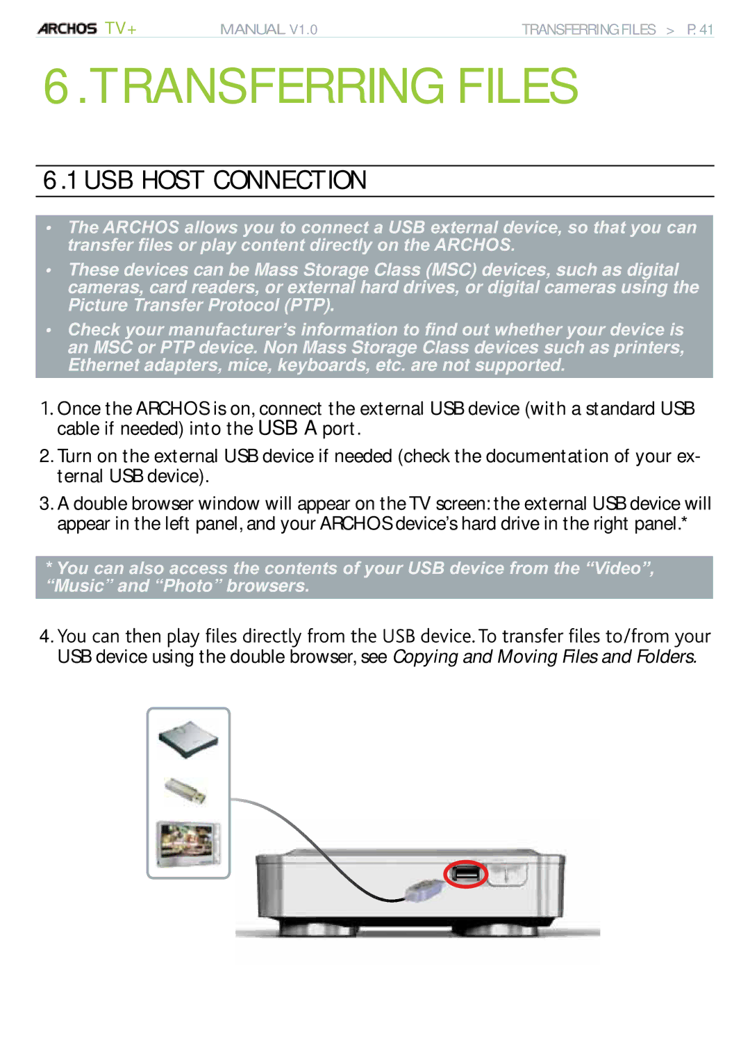 Archos 500973 user manual Transferring Files, USB Host Connection 