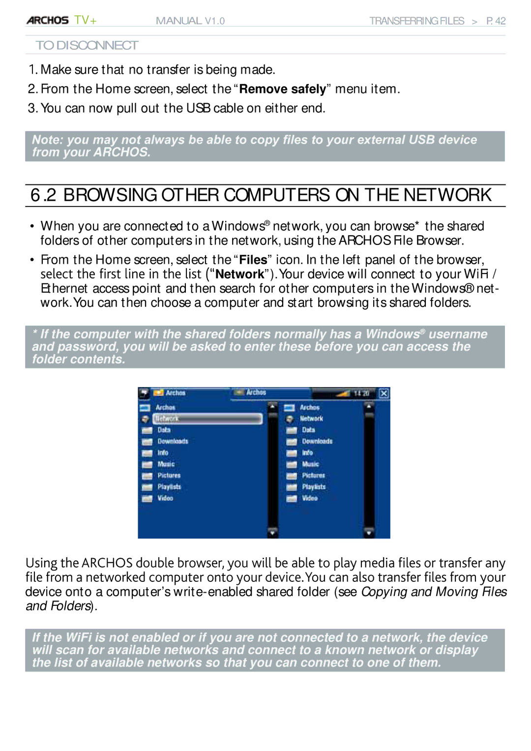 Archos 500973 user manual Browsing Other Computers on the Network, To Disconnect 