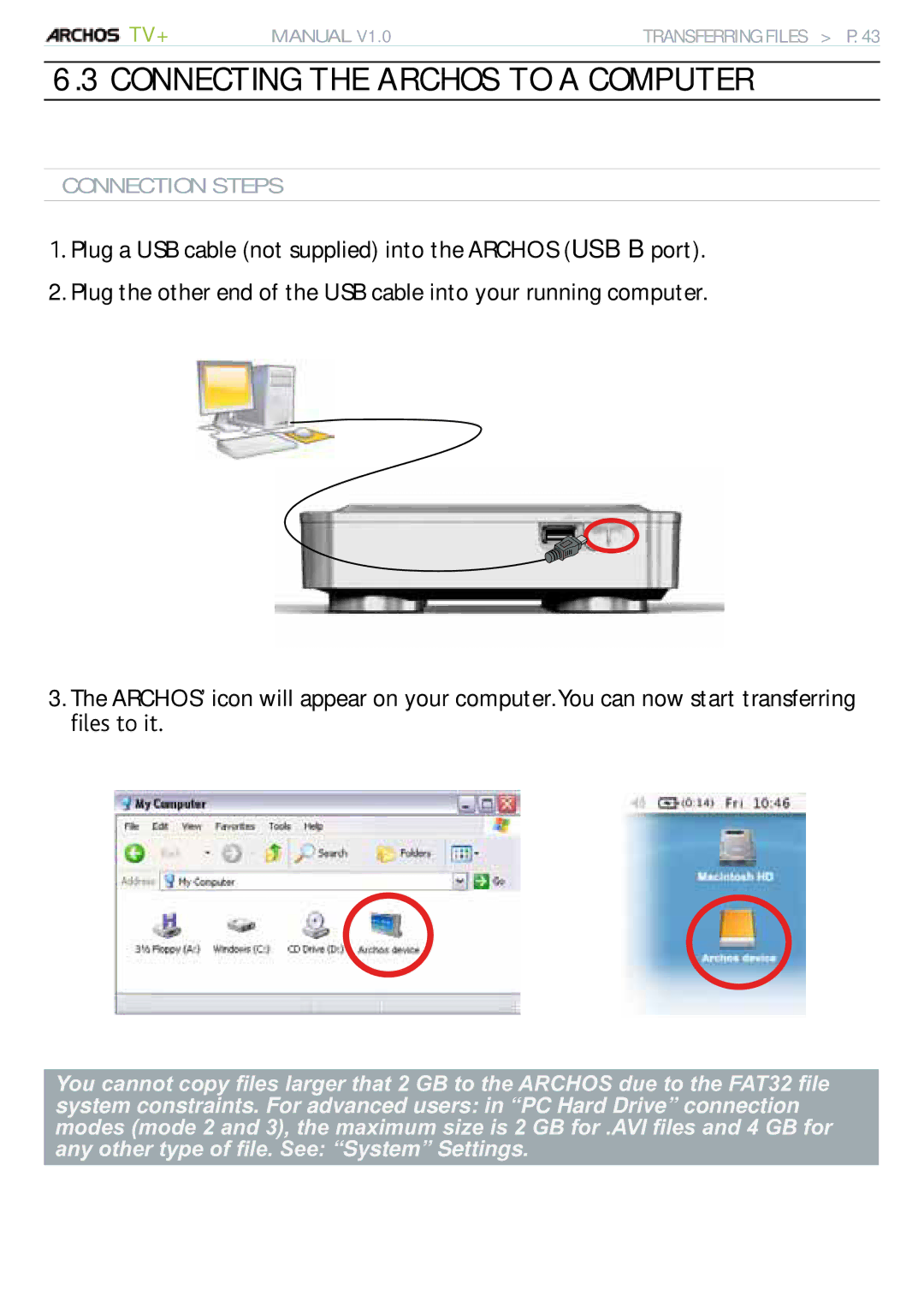 Archos 500973 user manual Connecting the Archos to a Computer, ÒnguVqKv, Connection Steps 