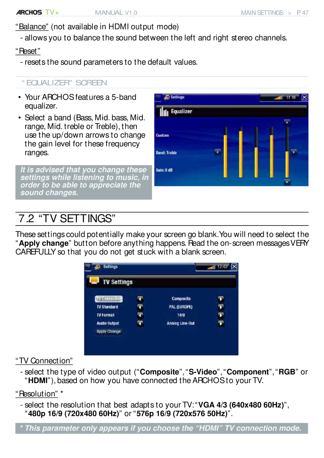 Archos 500973 user manual TV Settings, TV Connection, Resolution, Equalizer Screen 