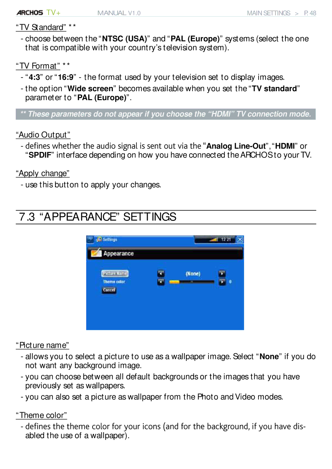 Archos 500973 user manual Appearance Settings, Apply change Use this button to apply your changes 