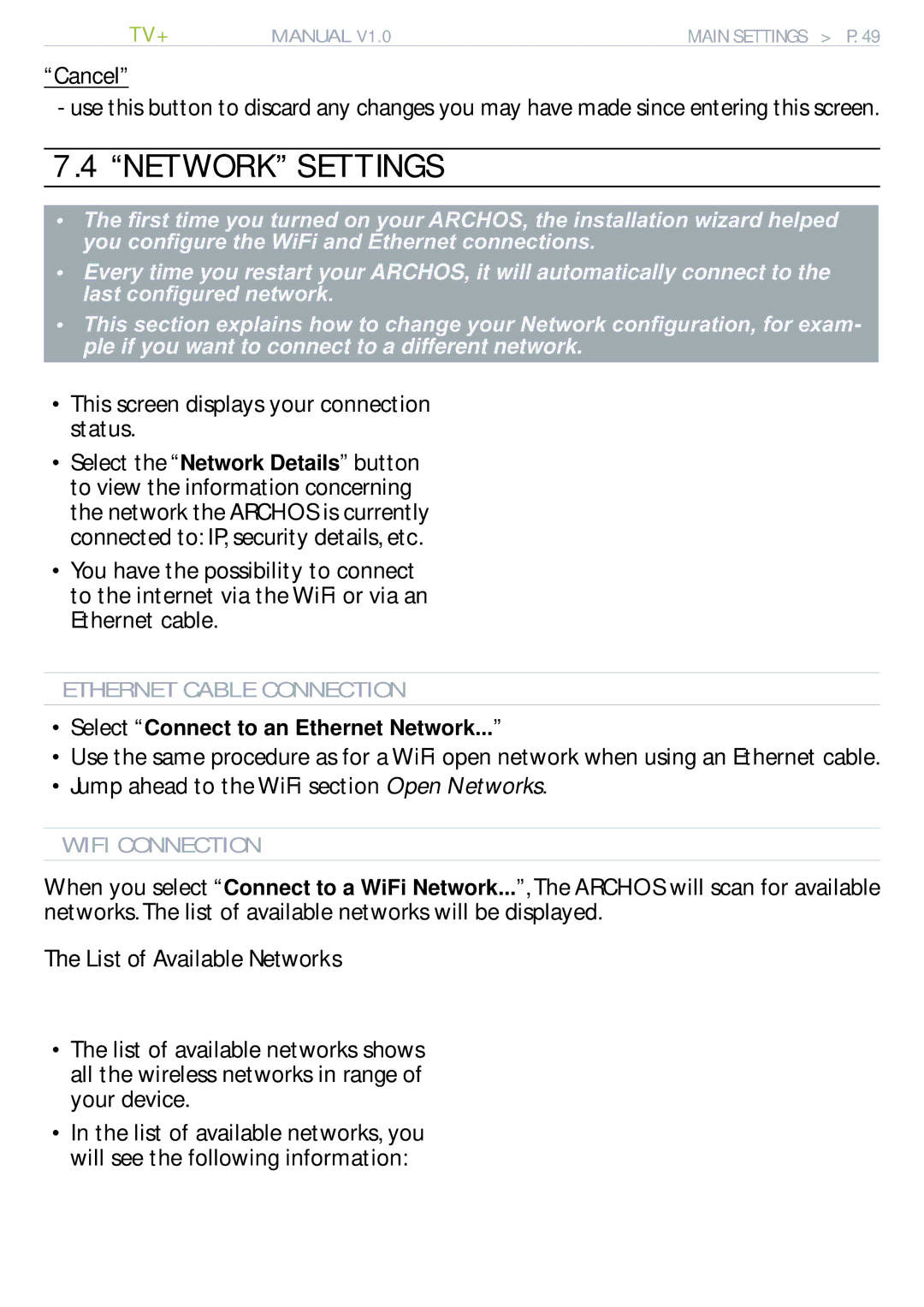 Archos 500973 user manual Cancel, This screen displays your connection status, Jump ahead to the WiFi section Open Networks 