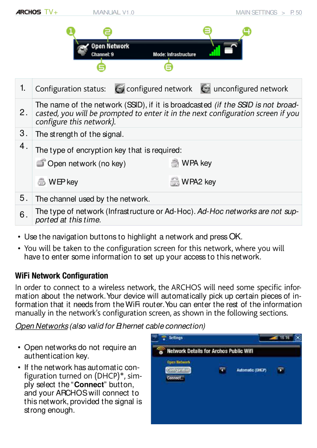 Archos 500973 user manual WEP key, LL1HWZRUN&RQğJXUDWLRQ, Open Networks also valid for Ethernet cable connection 