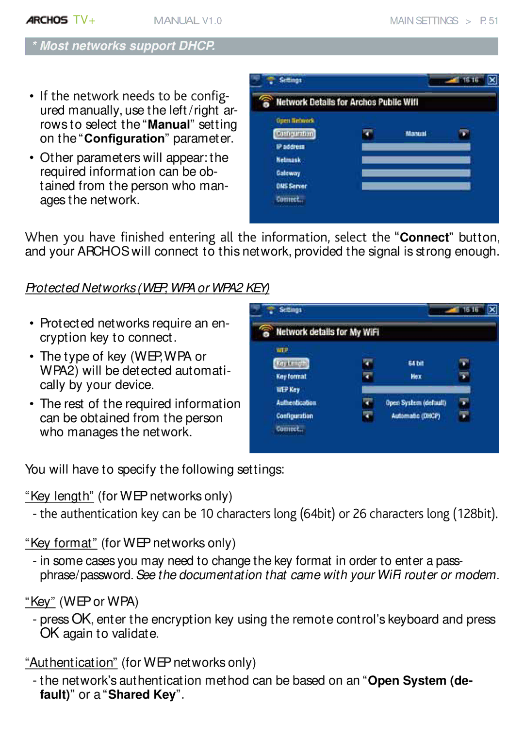 Archos 500973 user manual Protected Networks WEP, WPA or WPA2 KEY, Key format for WEP networks only 