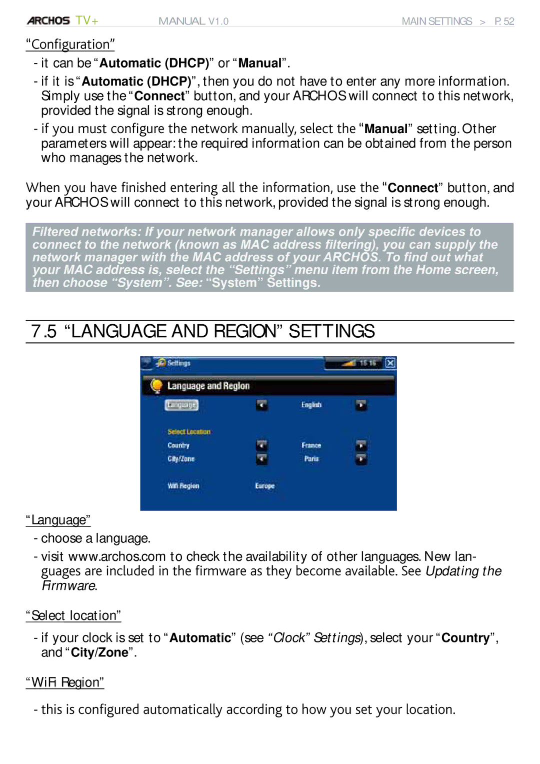 Archos 500973 Language and Region Settings, QPÒIWTCVKQPn, Language Choose a language, Select location, WiFi Region 