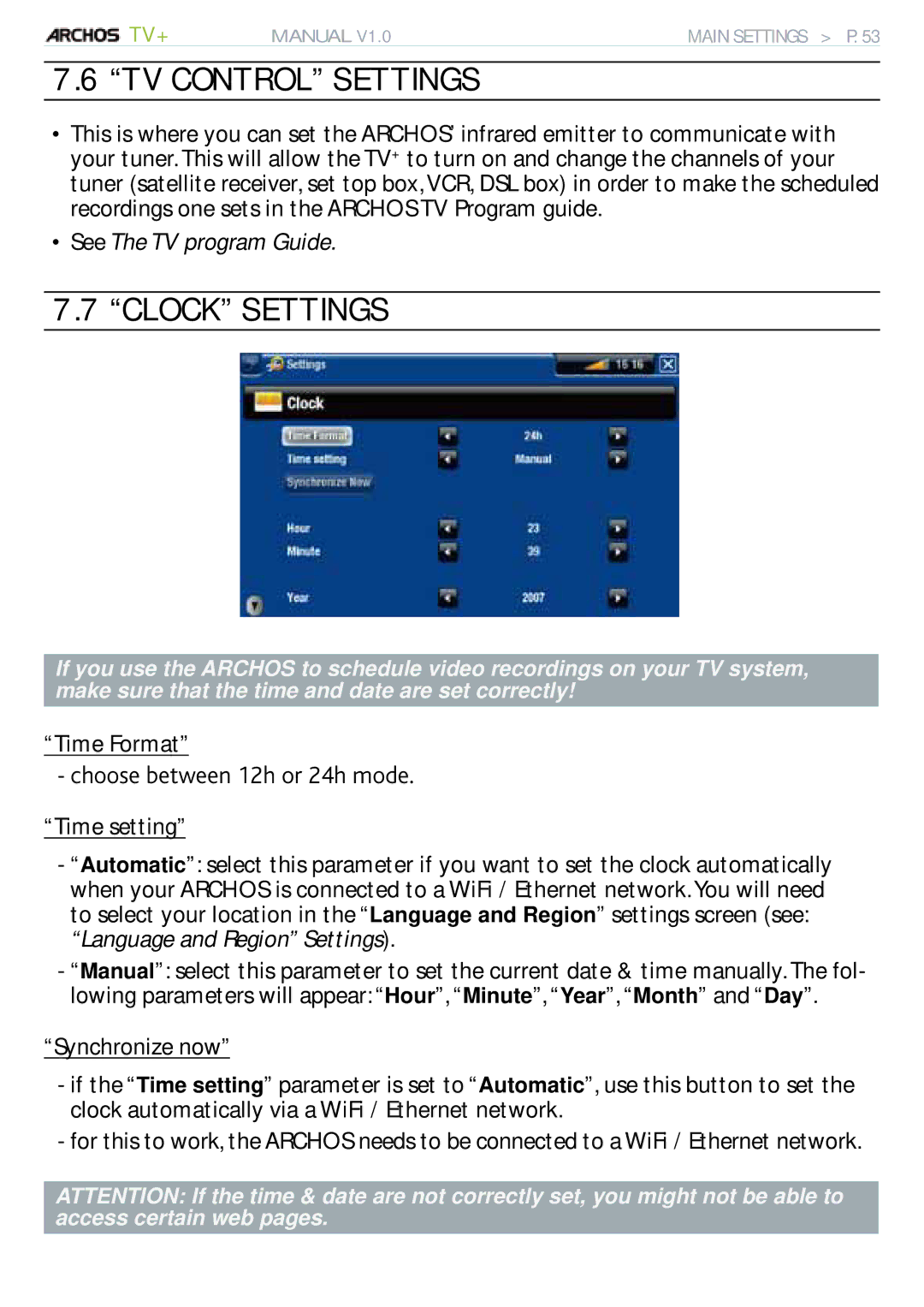 Archos 500973 TV Control Settings, Clock Settings, EjqqugDgvyggpJQtJOqfg, Language and Region Settings 