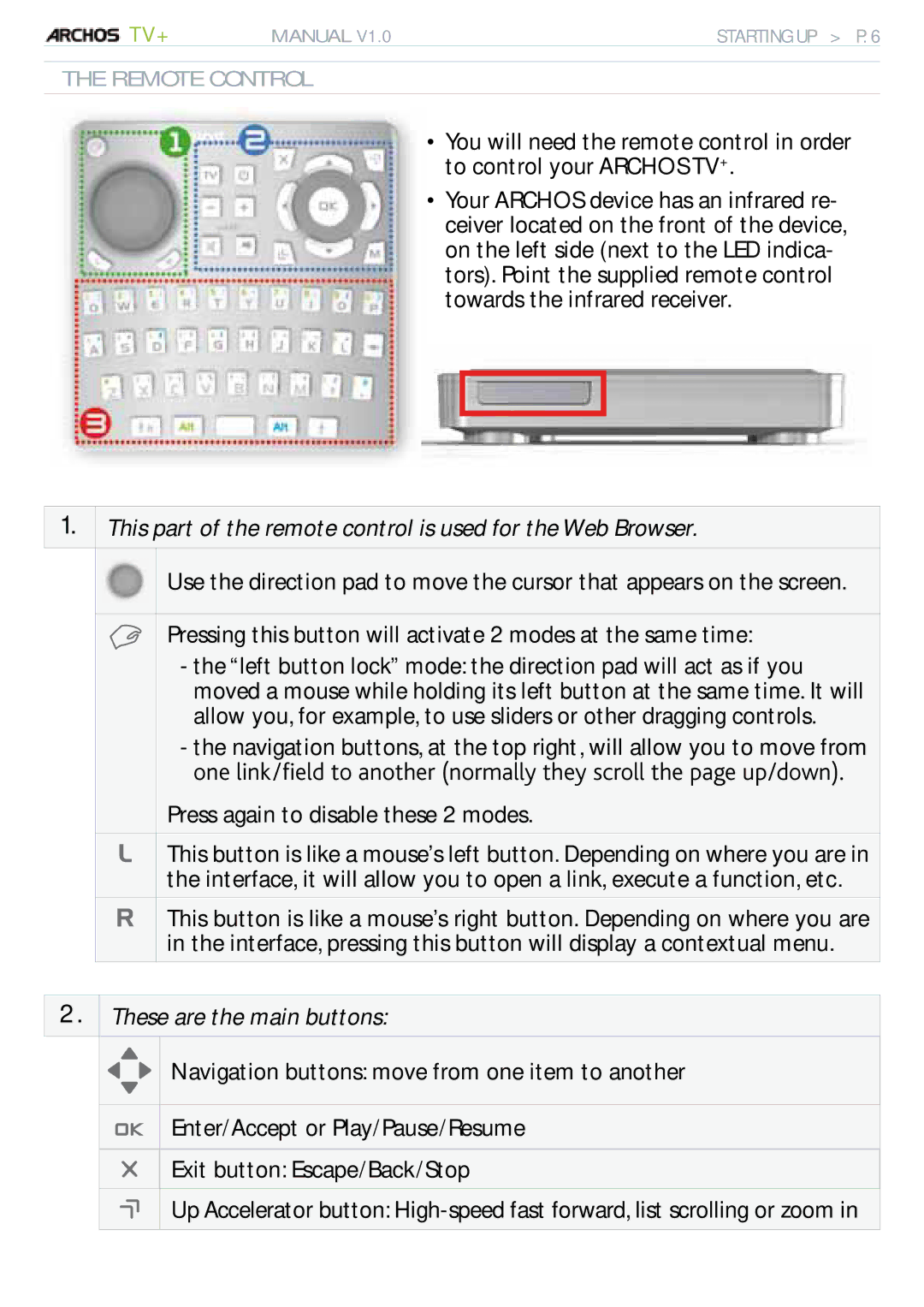 Archos 500973 user manual This part of the remote control is used for the Web Browser, Press again to disable these 2 modes 