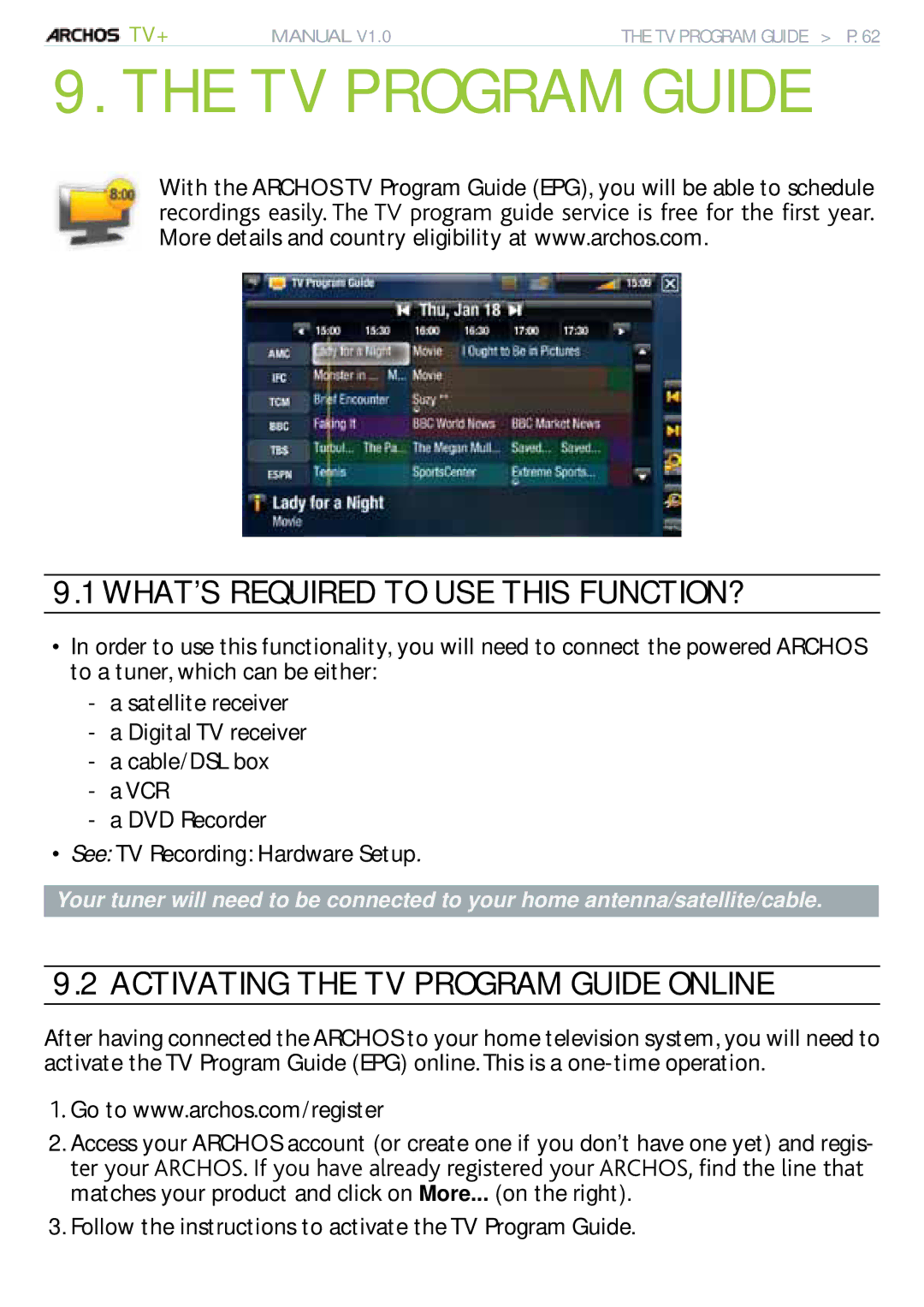 Archos 500973 user manual WHAT’S Required to USE this FUNCTION?, Activating the TV Program Guide Online 