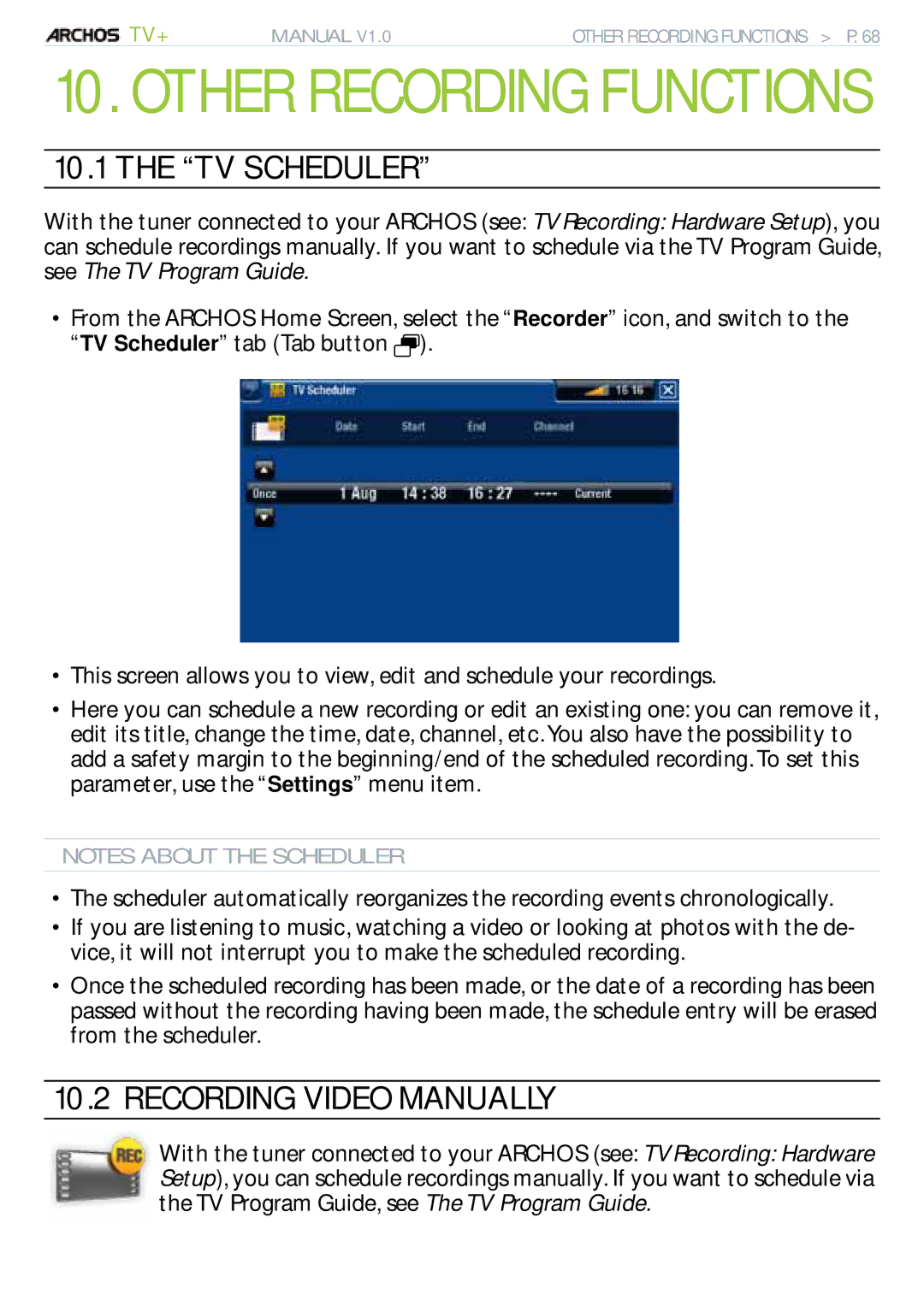 Archos 500973 user manual TV Scheduler, Recording Video Manually 