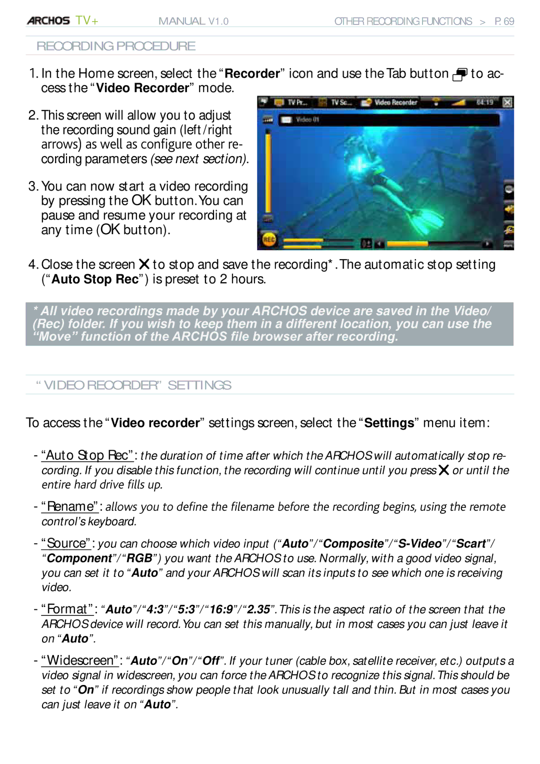Archos 500973 user manual Recording Procedure, Video Recorder Settings 