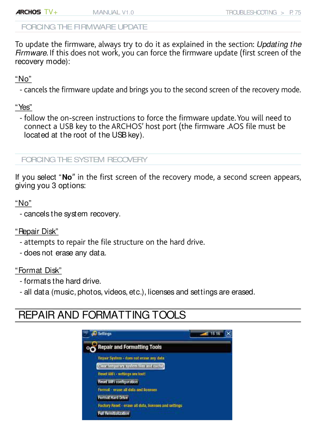 Archos 500973 user manual Repair and Formatting Tools, Yes, Cancels the system recovery Repair Disk 