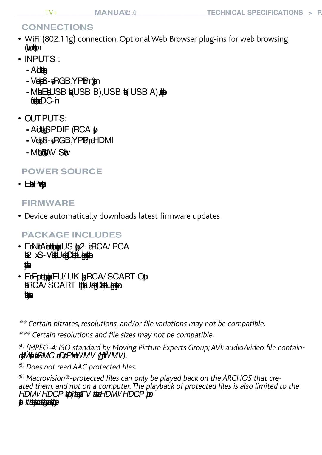 Archos 500973 user manual Inputs, Outputs, External Power supply, GxkegCwvqocvkecnnFqypnqcfuNcvguvÒtoyctgWrfcvgu 